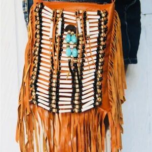 Tan and Blue Crossbody Bag with Beaded Design